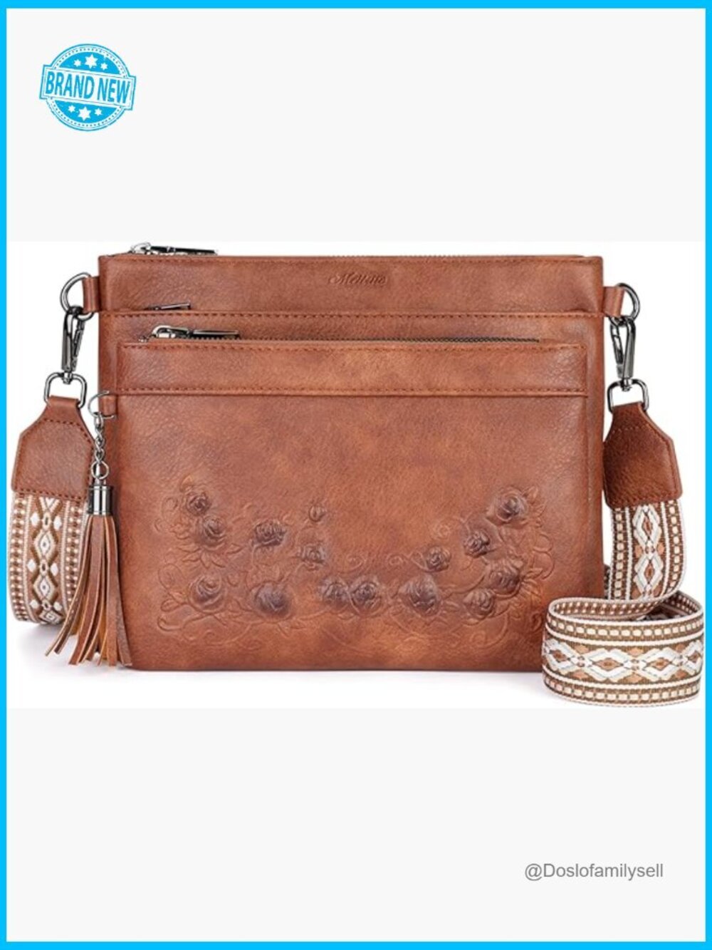 Embossed Leather Crossbody Bag with Tassel Multi Pocket Travel Shoulder Handbag